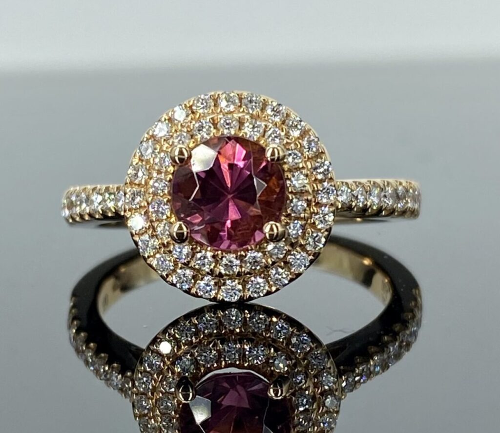 18ct Rose Gold Pink Tourmaline and Diamond Double Halo Cluster Ring